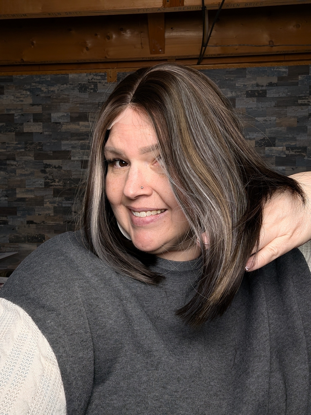 Two-Tone Brown Wig with Gray Highlights - Natural Lived-In Look